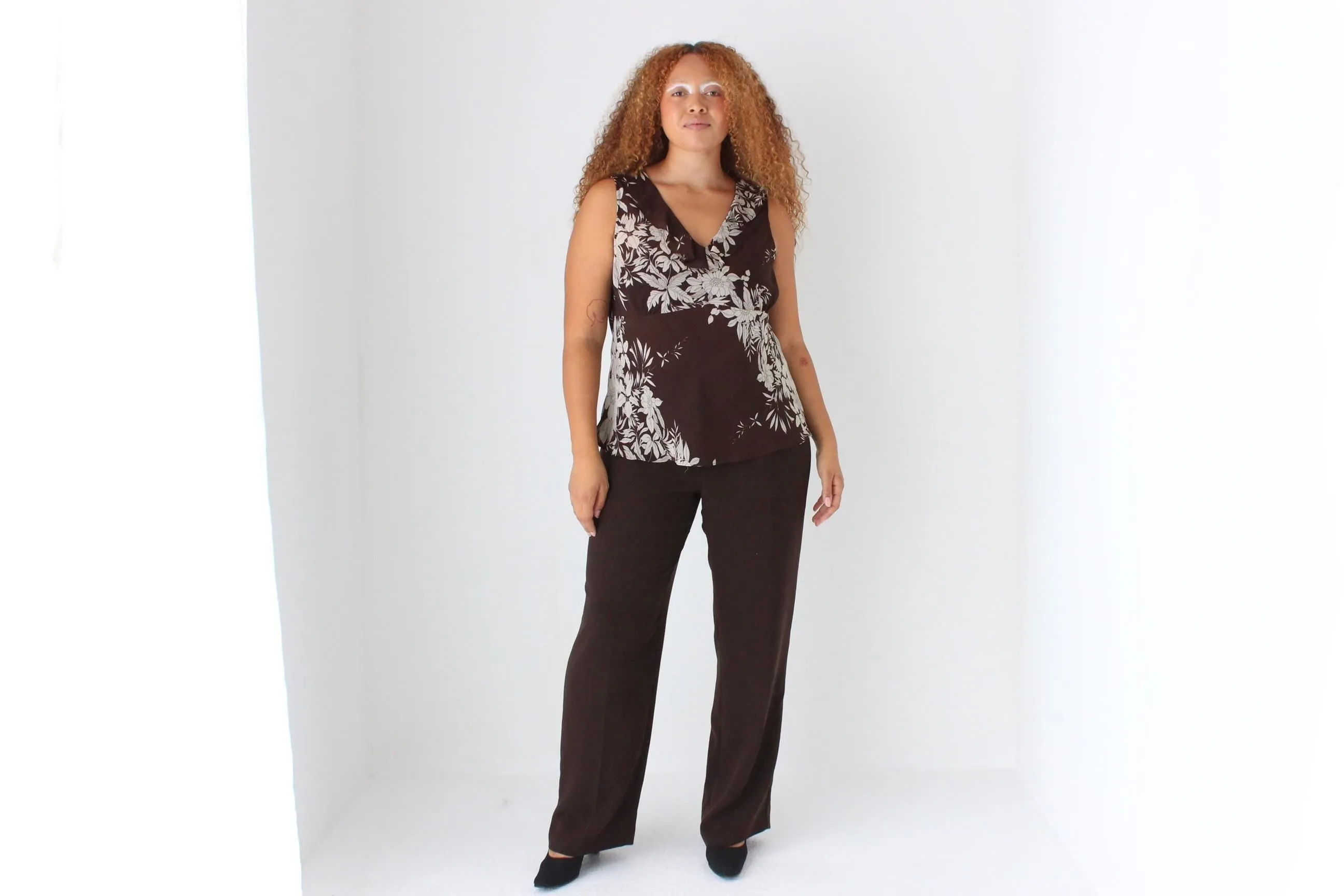Y2K Romantic Chocolate Floral Ruffle Cami Top