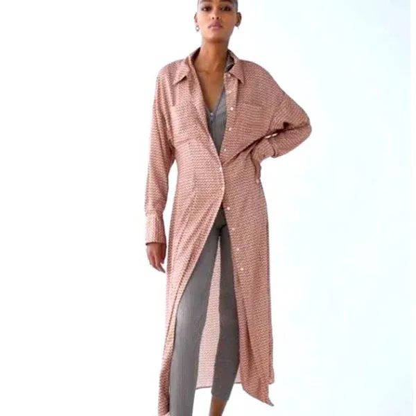 Zara Floral Print Silky Texture Long Sleeve Button Front Shirt Maxi Dress