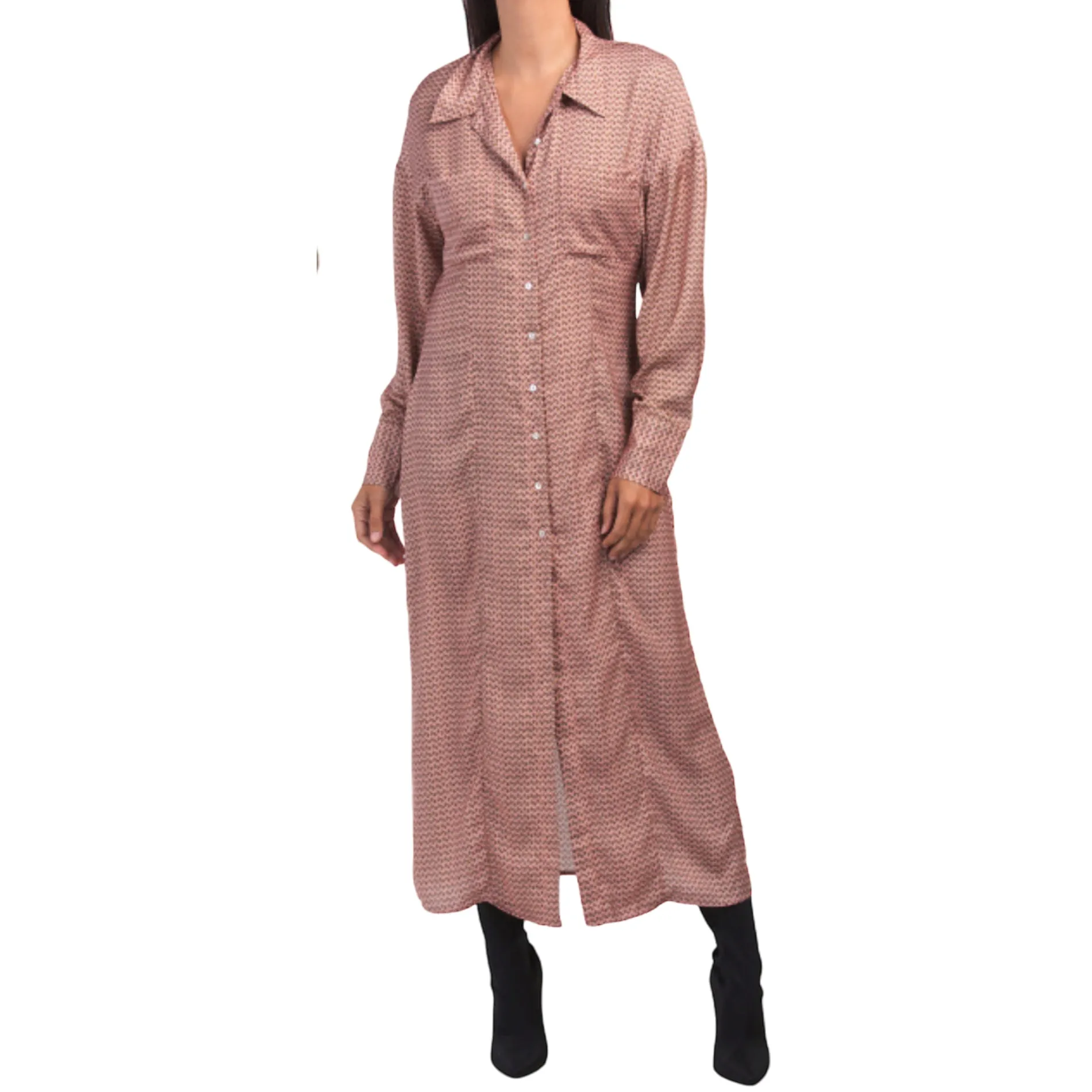 Zara Floral Print Silky Texture Long Sleeve Button Front Shirt Maxi Dress