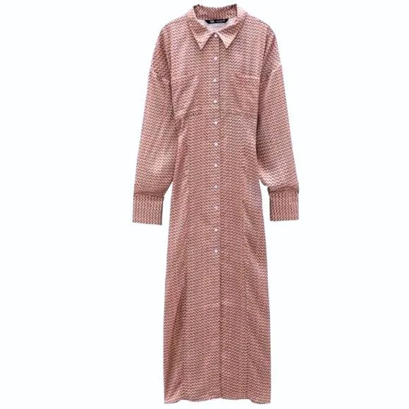 Zara Floral Print Silky Texture Long Sleeve Button Front Shirt Maxi Dress